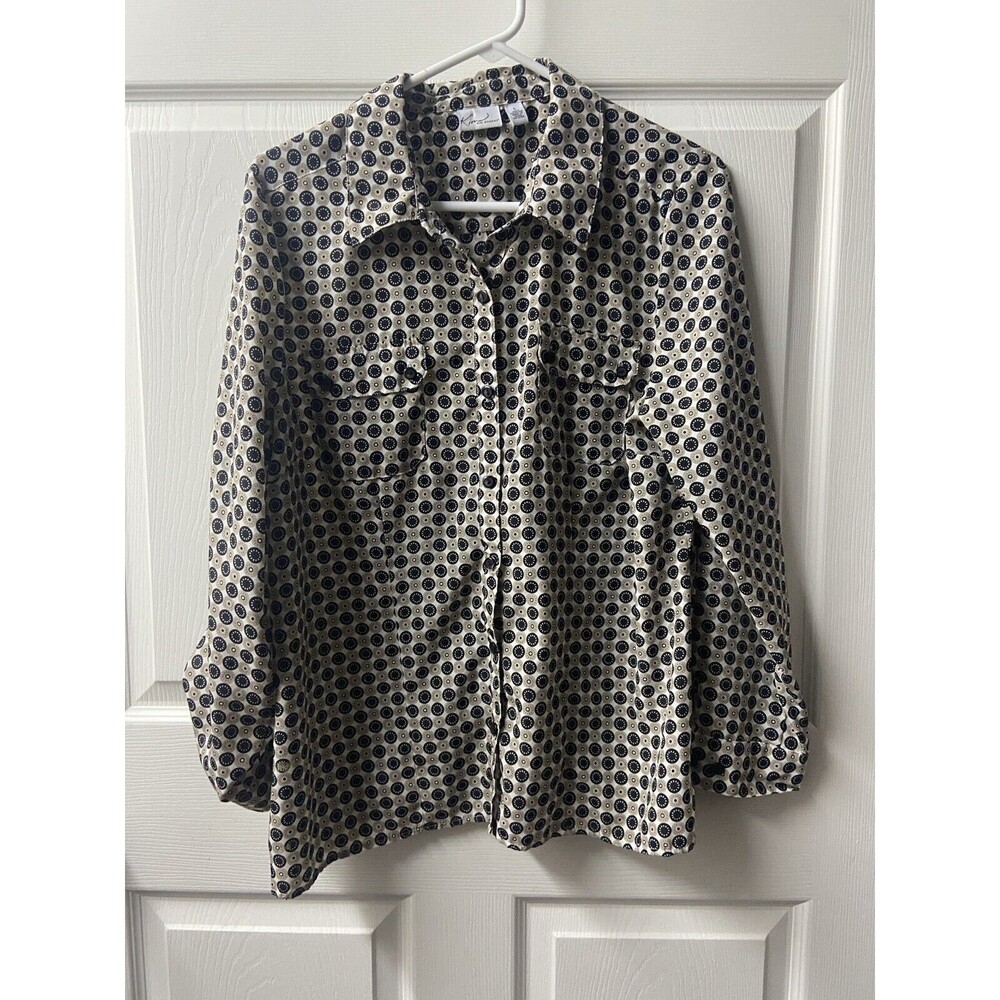 Kim Rogers Roll Tab Sleeve Button Up Blouse Womens Size Large Circles Print EUC